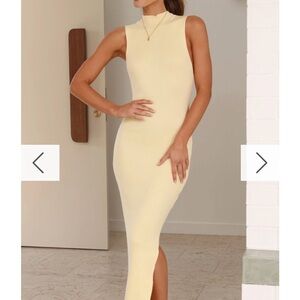 Tan Bodycon Midi Dress Mock Neck Sleeveless